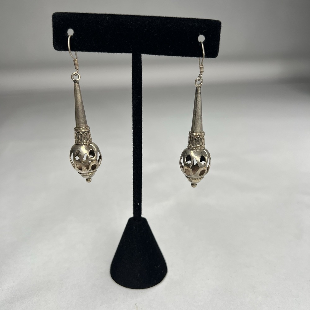 Vintage Ornate BALI 925 Silver‎ Long Drop Dangle Earrings